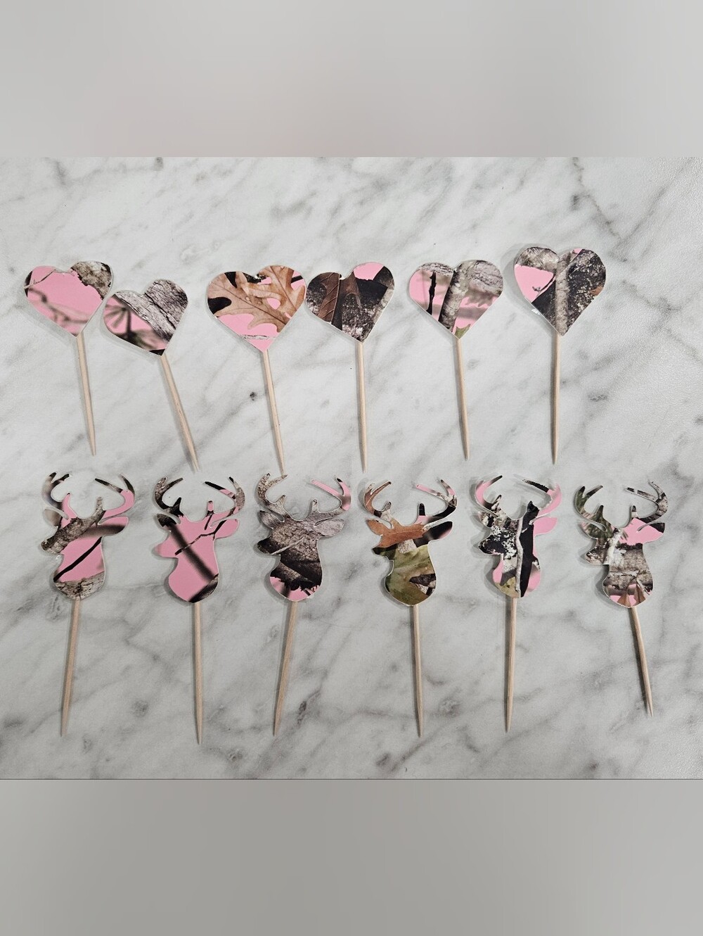 Pink Camo Deer and Heart Cupcake Toppers Birthday Party Cute Set Of 12